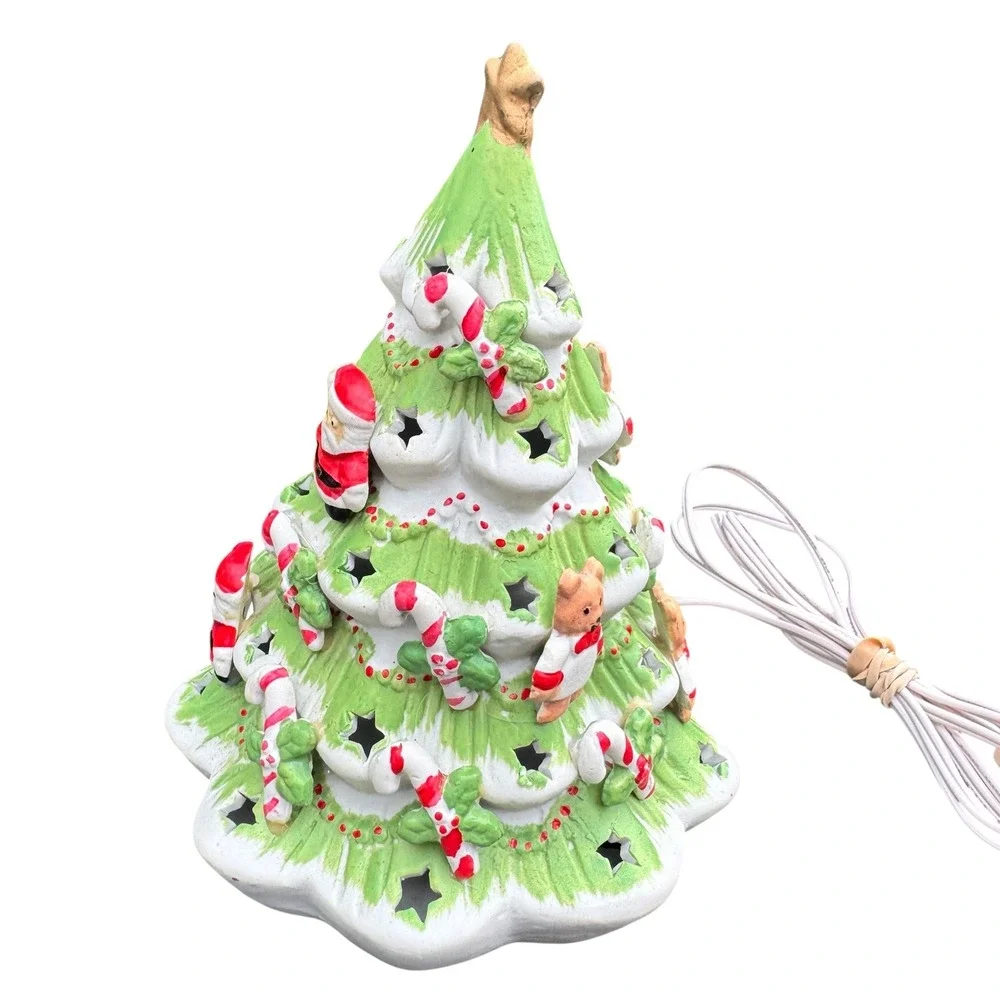 Vintage Ceramic Lighted Christmas Tree Santa Teddy Bear Candy Cane Star Cutouts